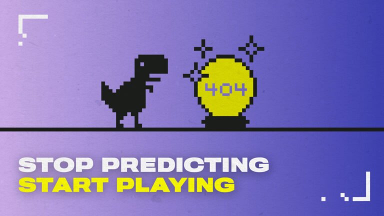 Stop predicting. Start playing! Inspiriert von dem Chrome Dino läuft ein Dino einer Glaskugel der Vorhersage hinterher.