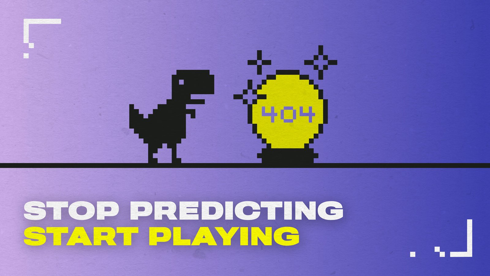 Stop predicting. Start playing! Inspiriert von dem Chrome Dino läuft ein Dino einer Glaskugel der Vorhersage hinterher.