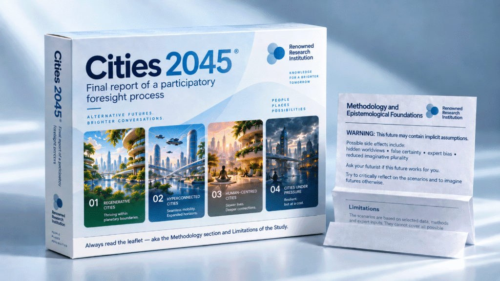 Fiktiver Szenario-Bericht „Cities 2045“ als Packung mit Beipackzettel. Dieses Bild wurde vollständig mit KI generiert.