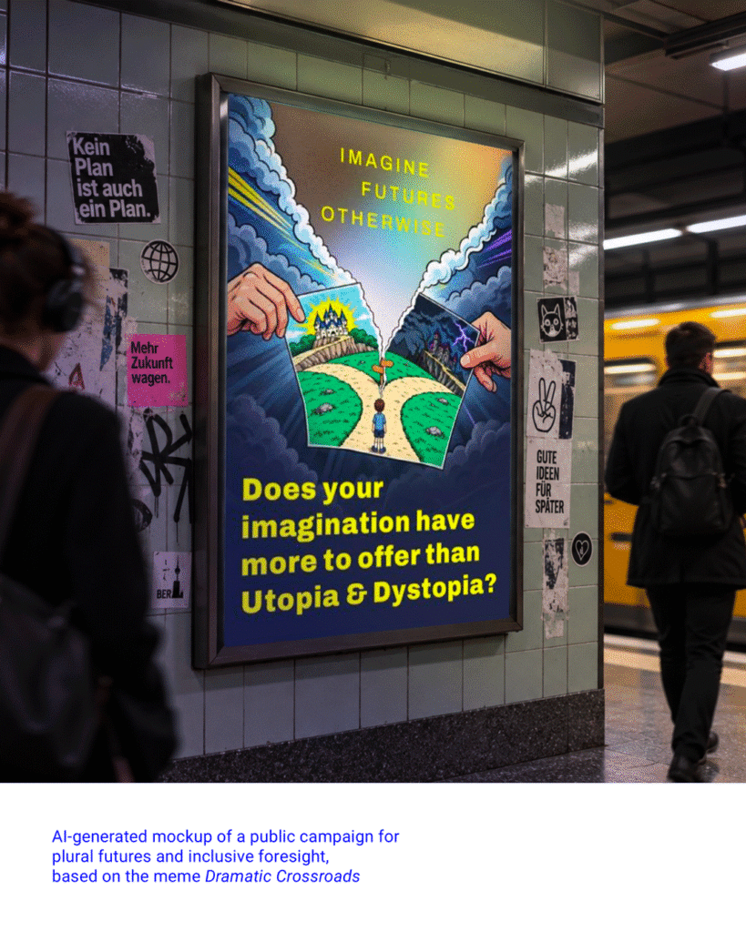 Plakat in einer U-Bahn-Station: „Imagine Futures Otherwise – Does your imagination have more to offer than Utopia & Dystopia?“